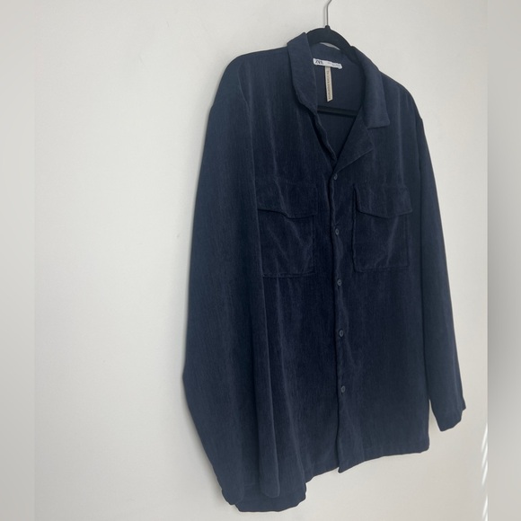 ZARA Man Large Navy Blue Relaxed Fit Corduroy Suit Button Down Shirt Shacket - Picture 11 of 16